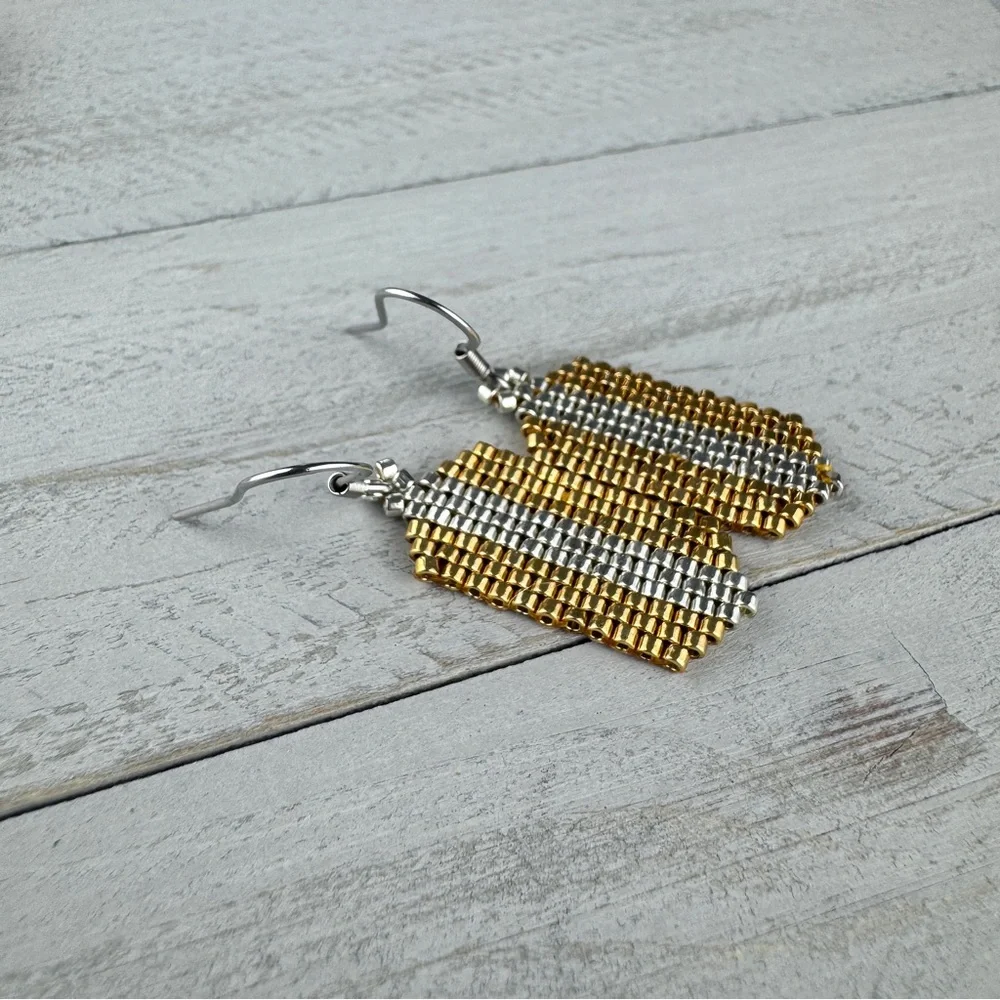 Gold‎ Silver Glass Seed Bead Drop Earrings Handmade Minimalist Elegant Jewelry